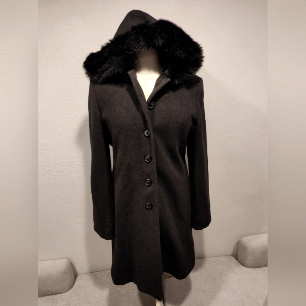 Charles Klein 100% wool, faux fur lined hood, long-line coat - size 16